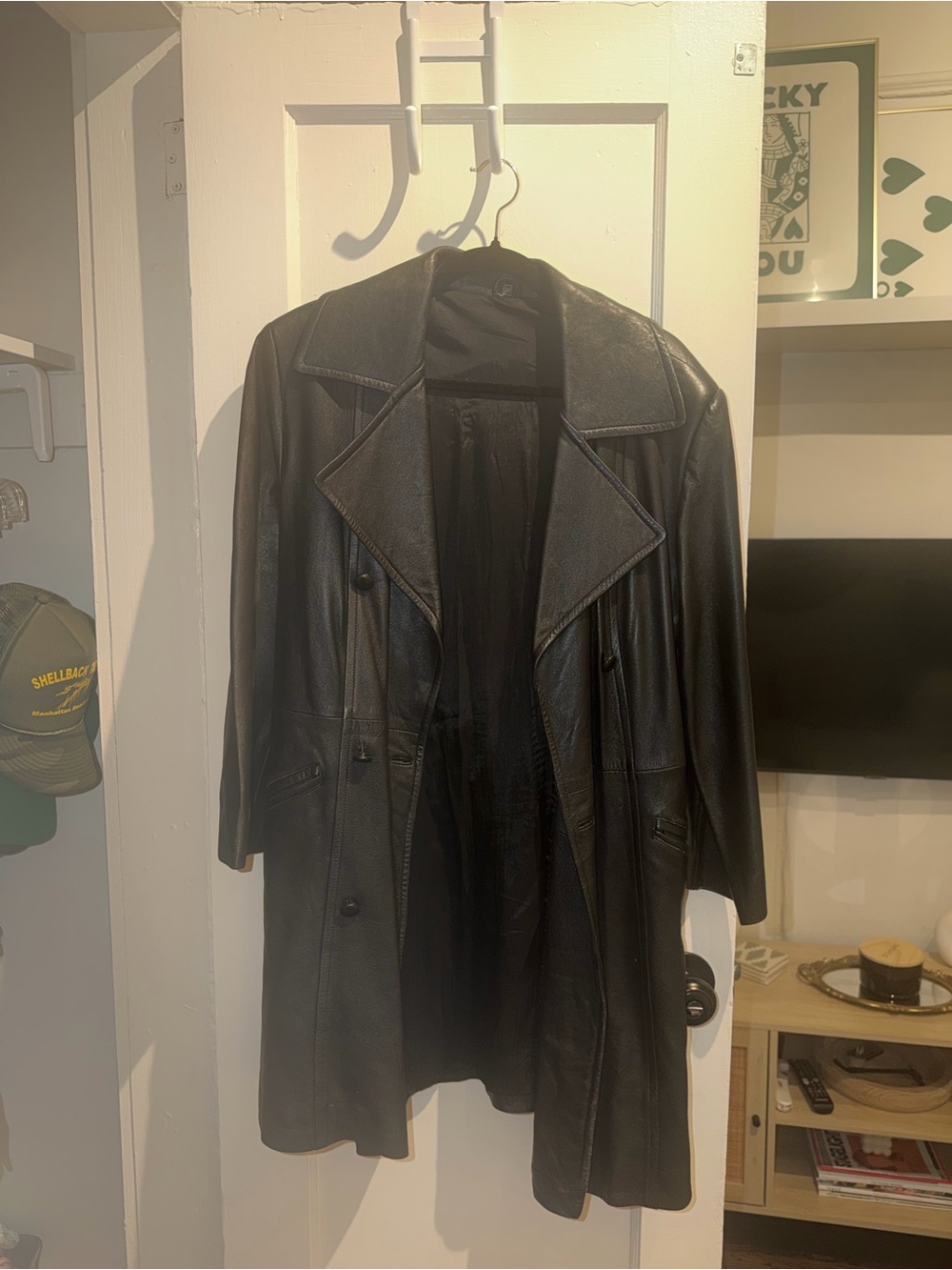 Vintage Classic Black Leather Trench Coat - Women